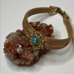 Vintage Victorian Revival Style Gold Tone Mesh Bracelet Blue Cabochon Stone